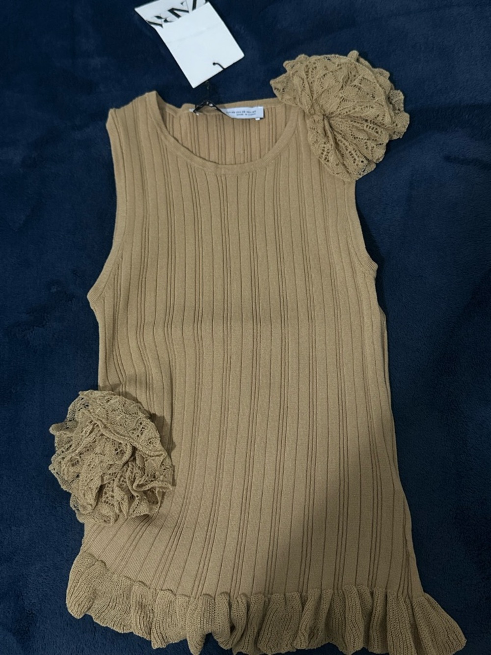 Sleeveless Ribbed Dress with Lace Rosettes - Beige